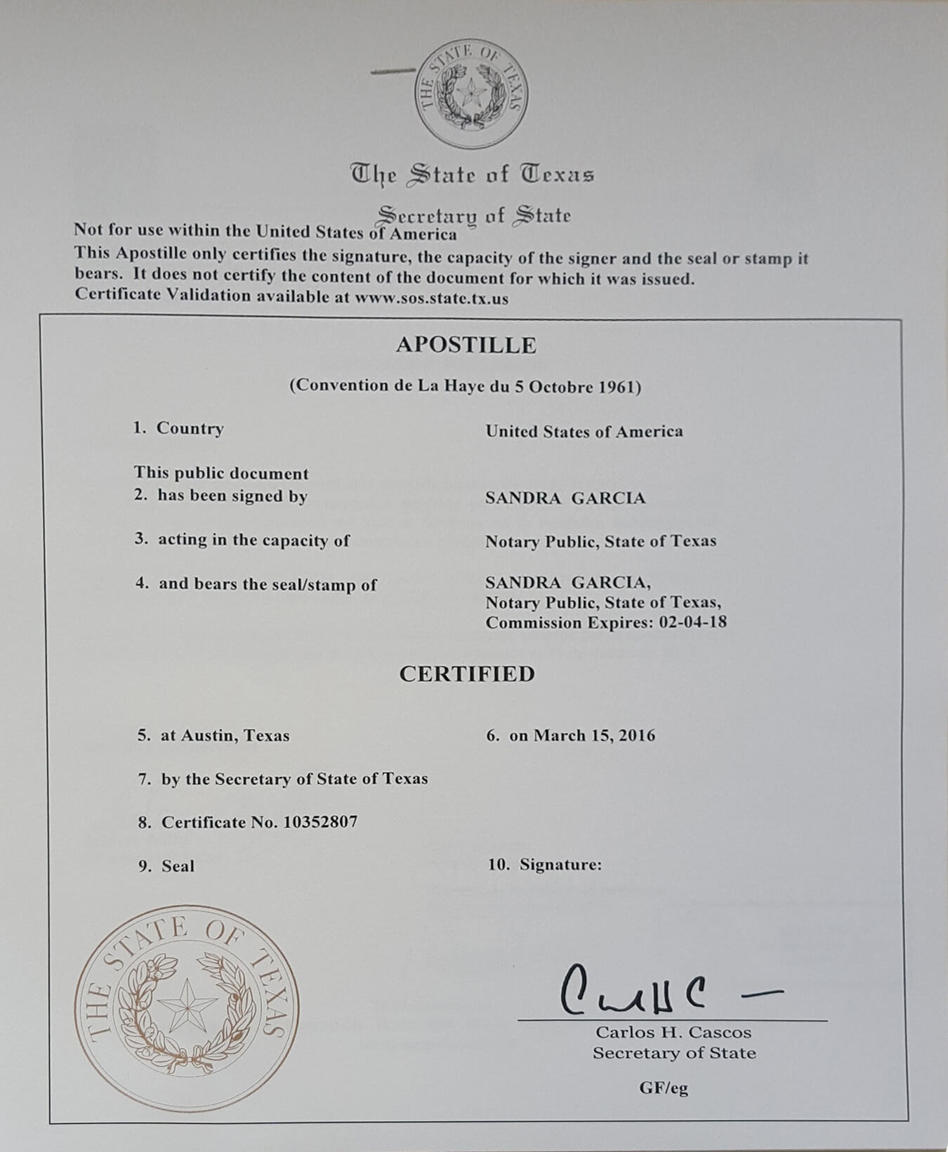 Texas Apostille Certificate Example