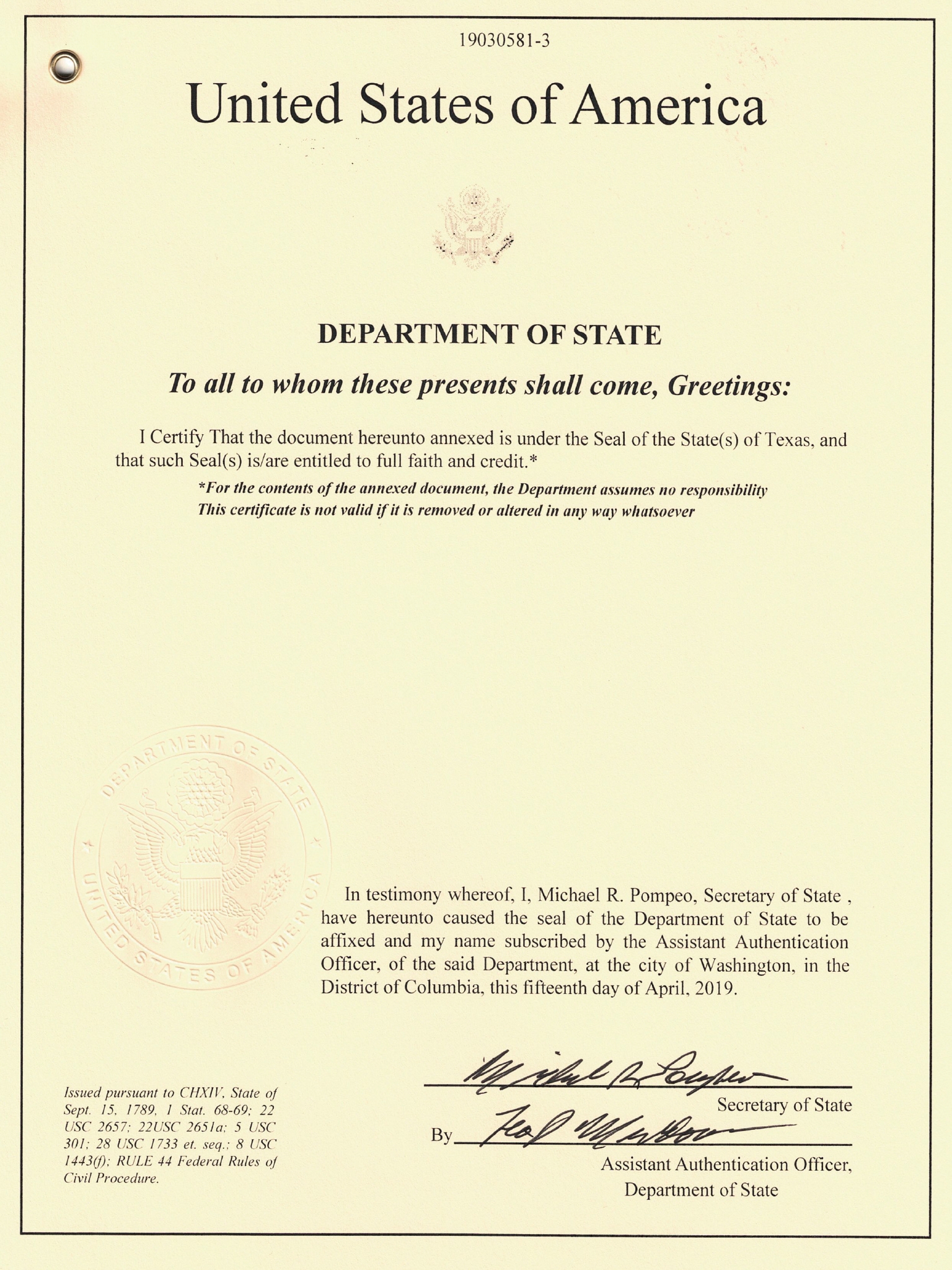 United States Department of State Federal Apostille Authentication