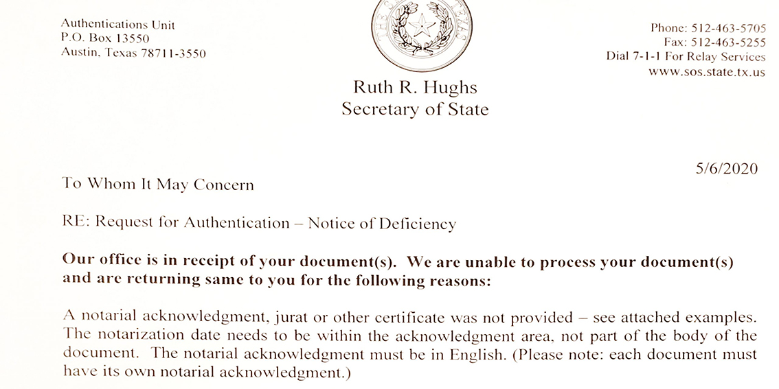 Texas Secretary of State Apostille Rejection Letter Example