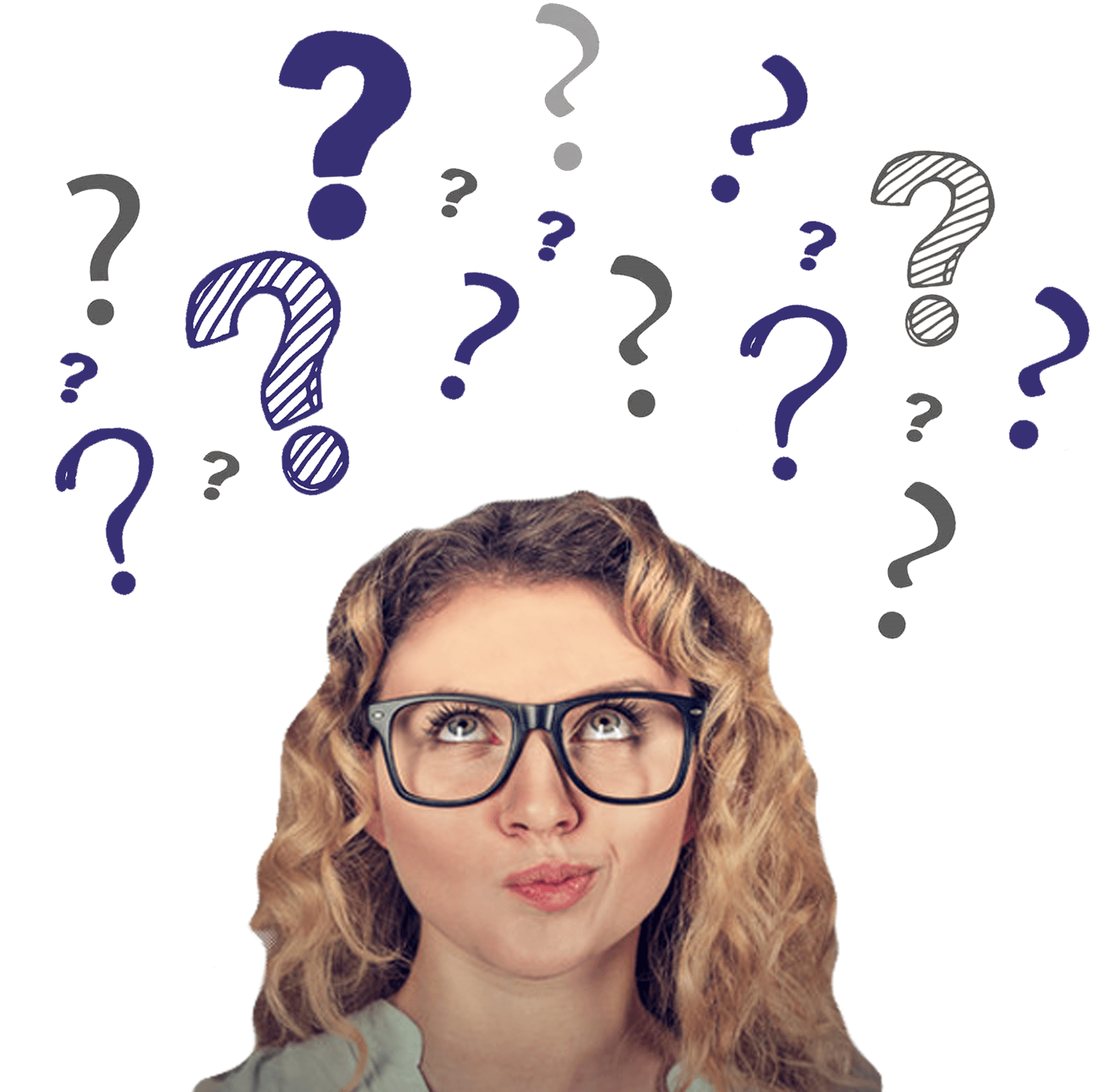 Woman Wearing Glasses Looking Up At Question Marks