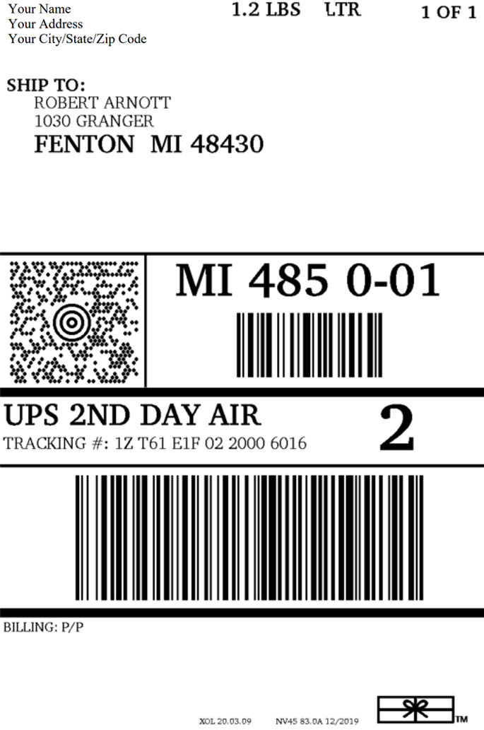 UPS Prepaid Return Shipping Label Example