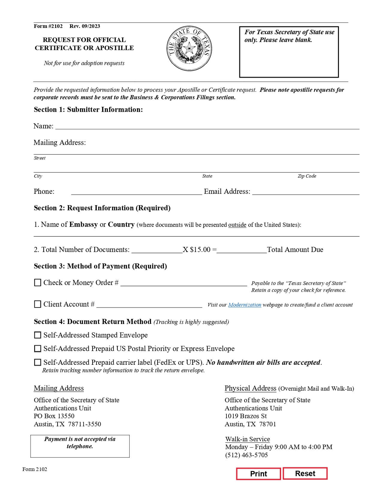 Apostille Form 2102 Secretary of State