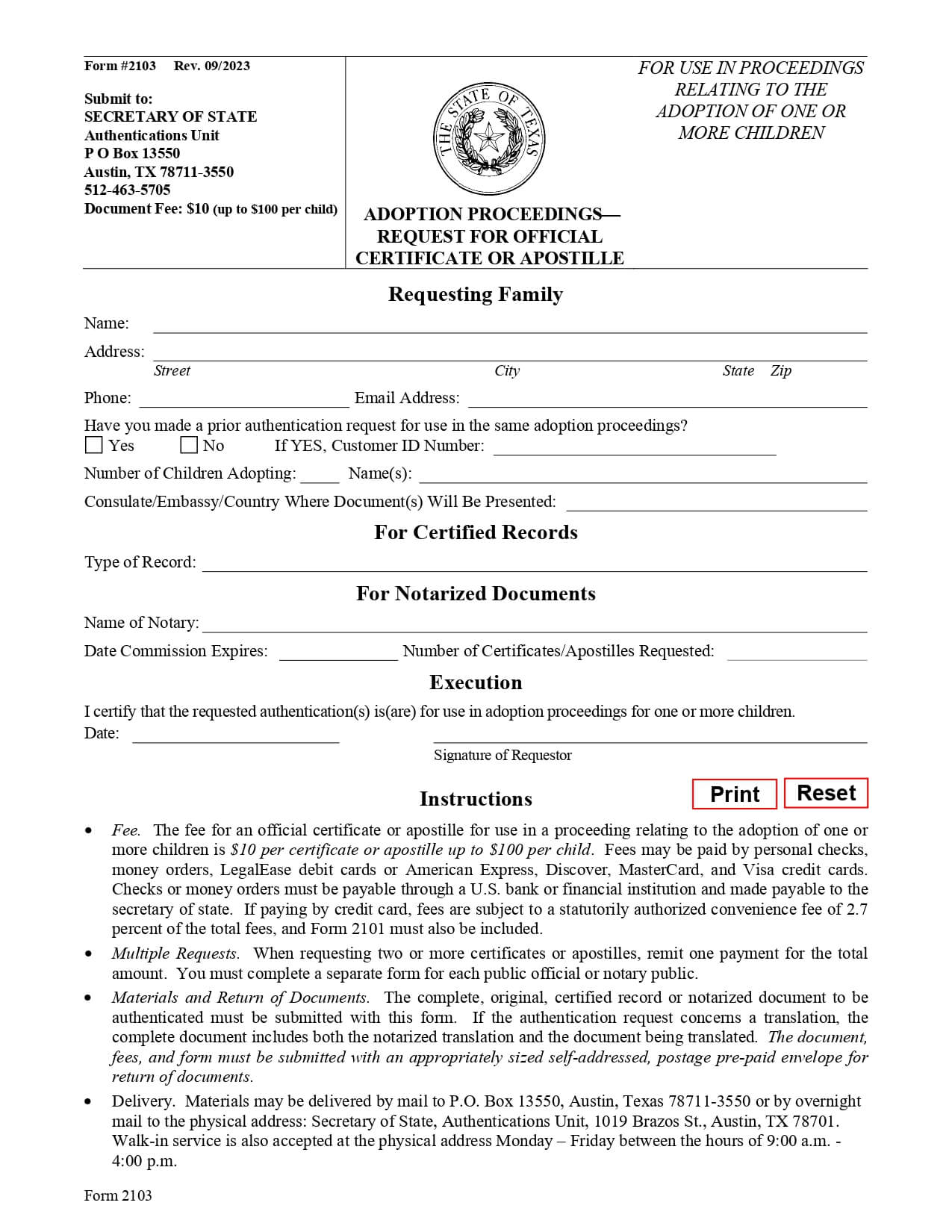 Apostille Form 2103 Secretary of State