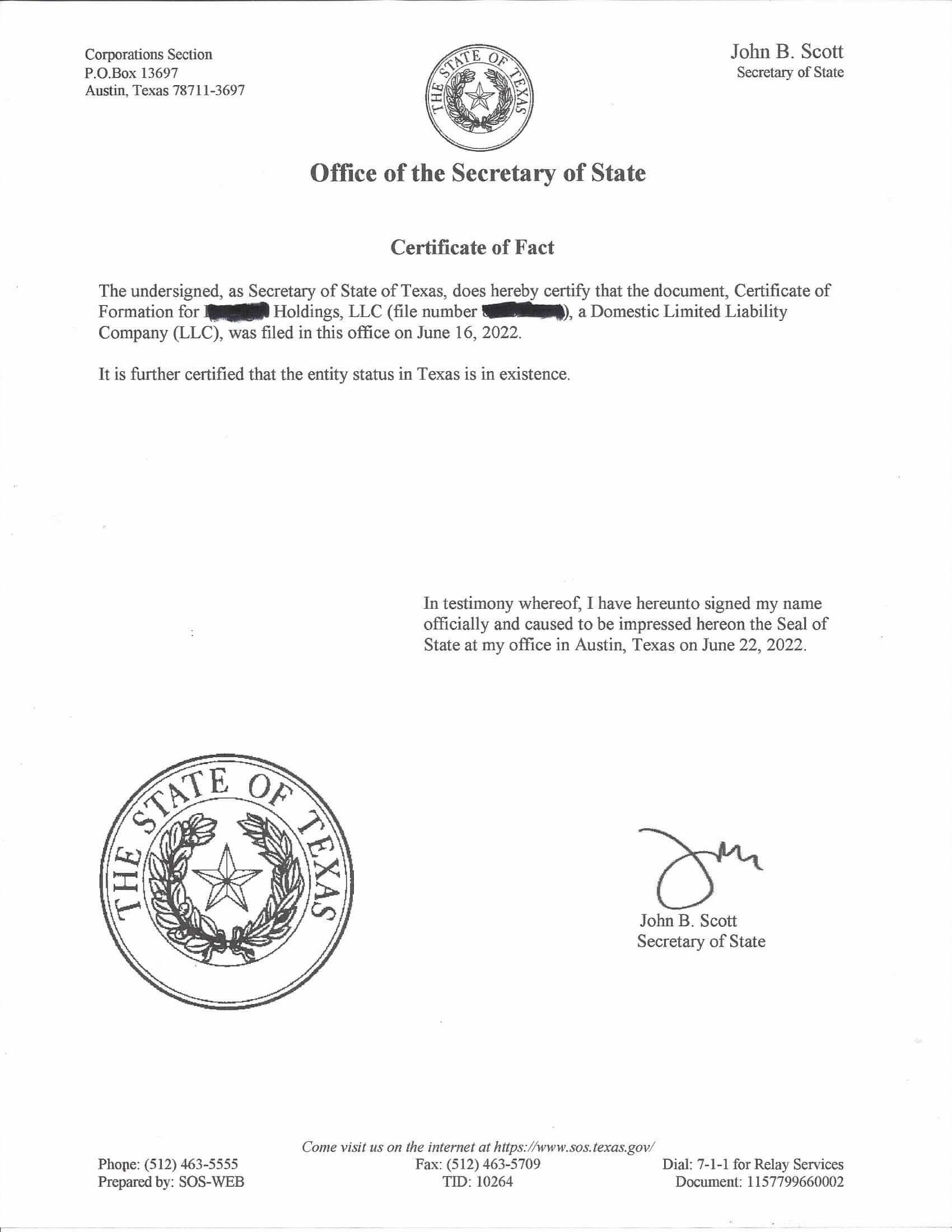 Texas Certificate of Fact Example