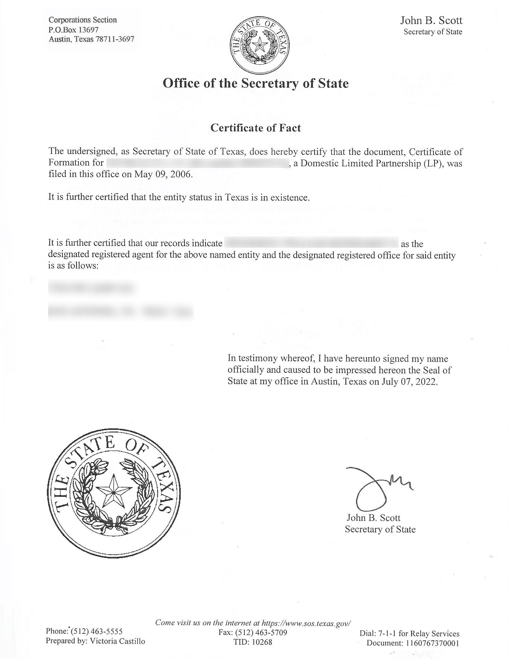 Texas Certificate Of Fact With Registered Agent/Office