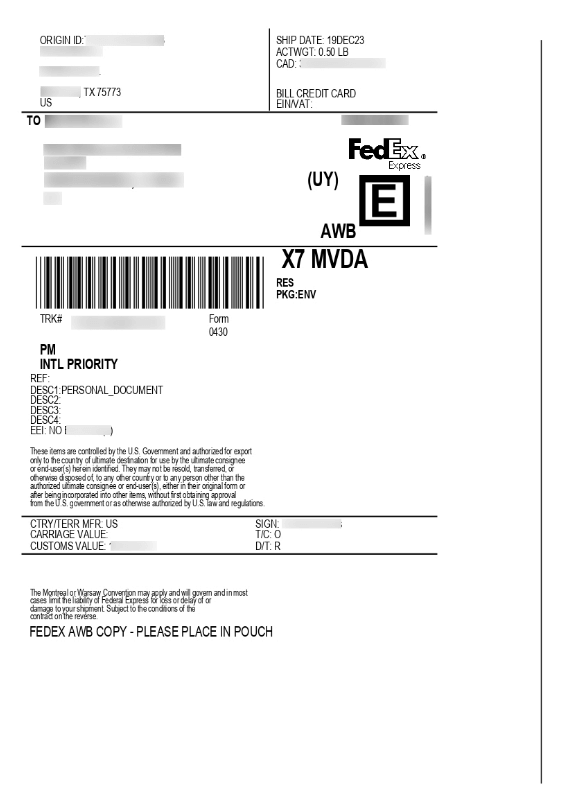 FedEx prepaid label page 2-4 FedEx prepaid label page 2-4