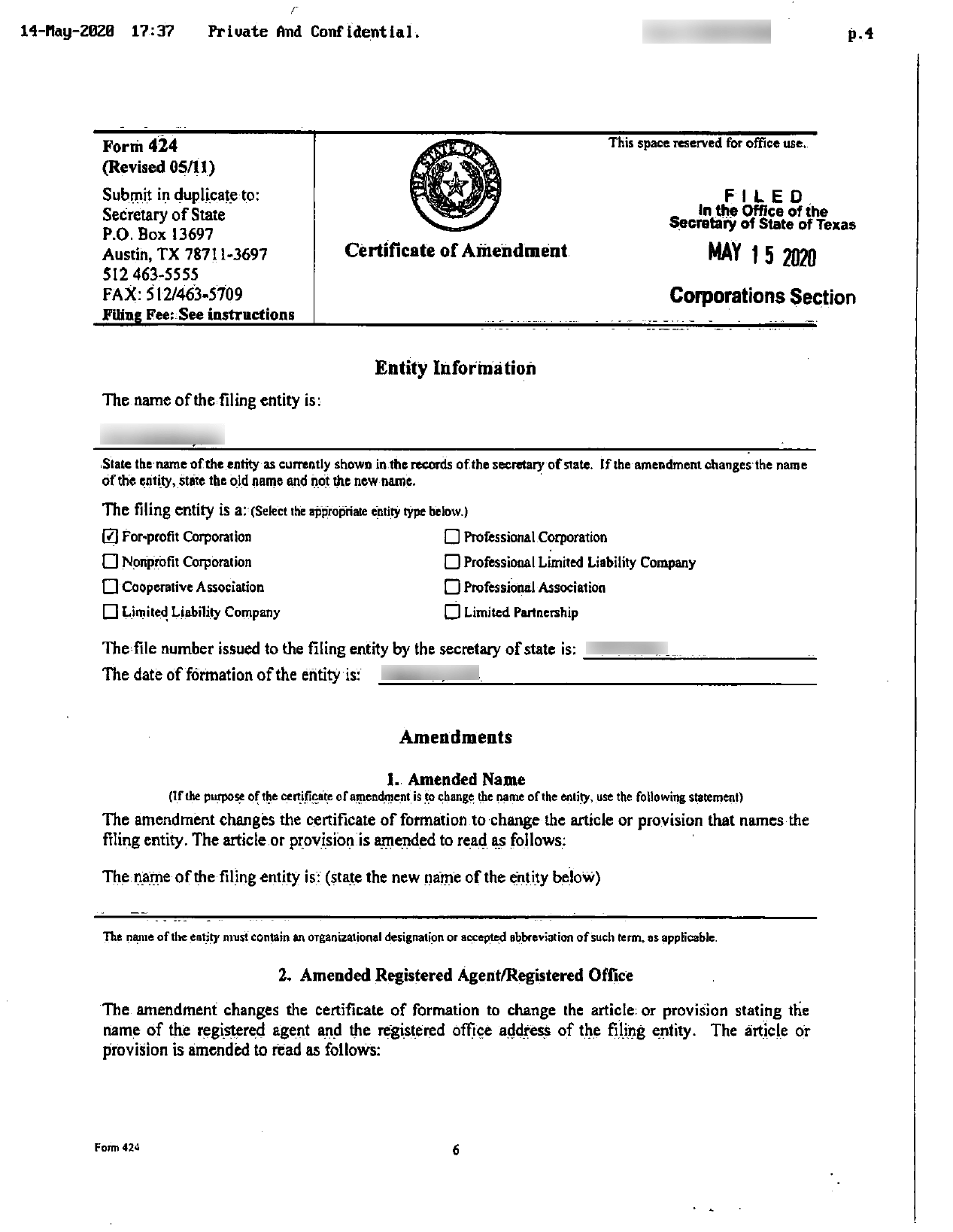 Certificate of Amendment
