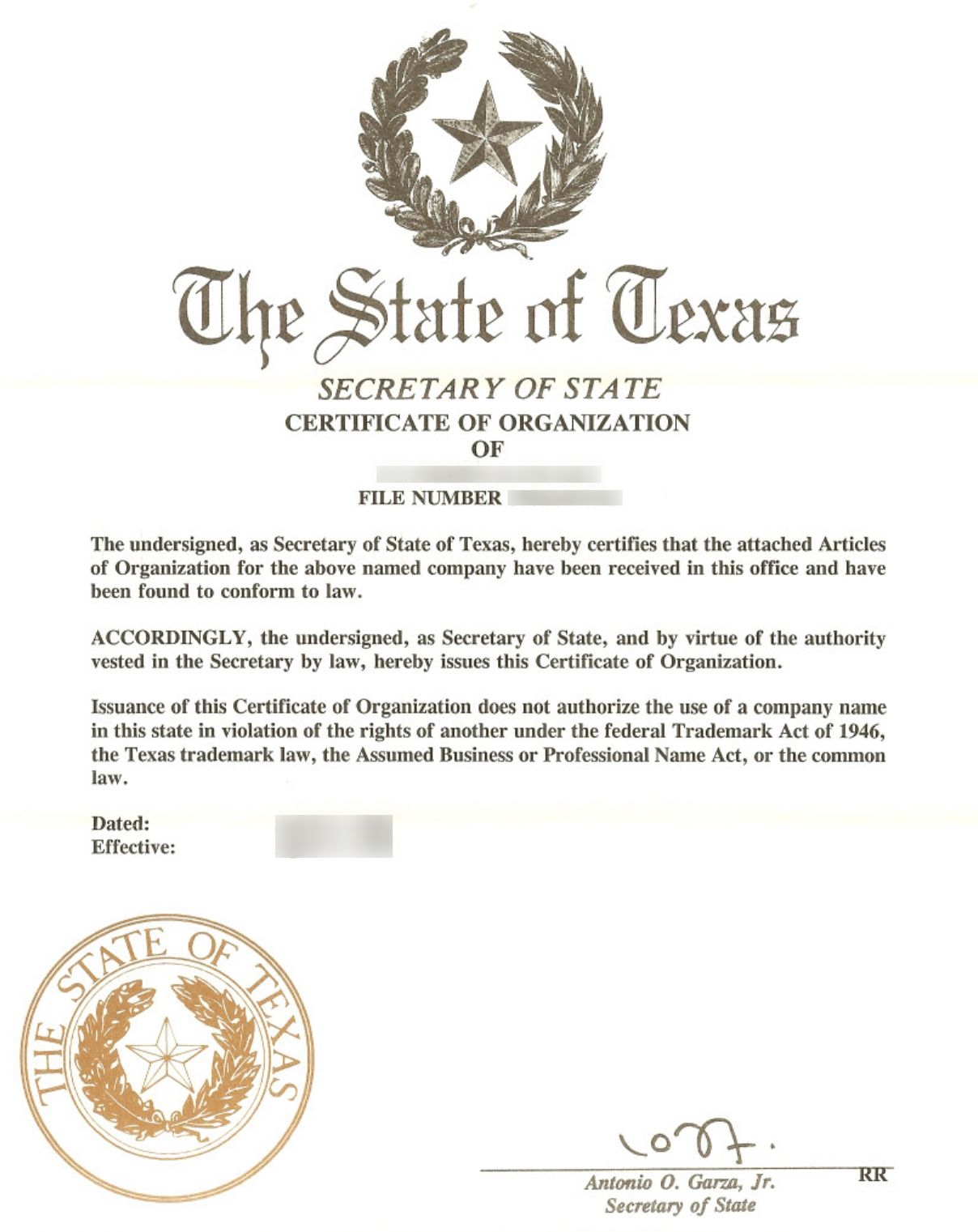 Certificate of Organization