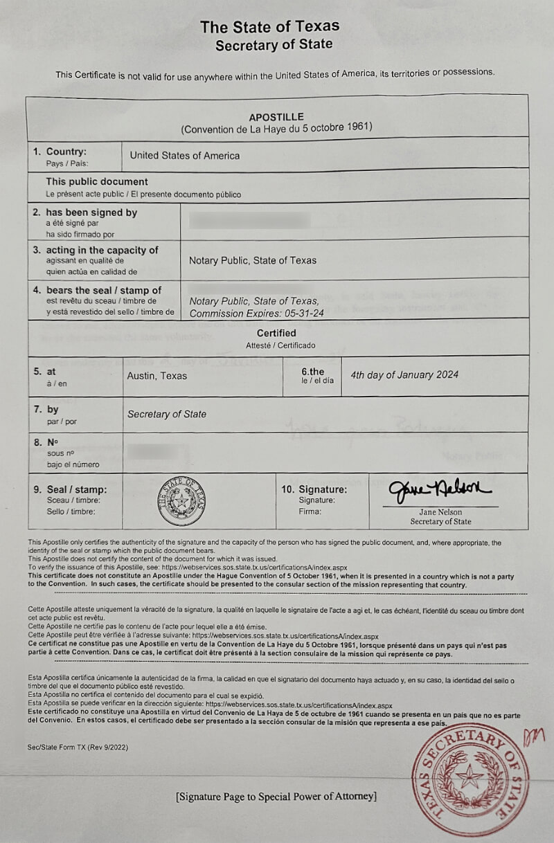 New Texas Universal Apostille Certificate As of 10/1/23