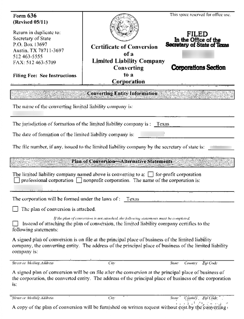 Certificate of Conversion Page 1