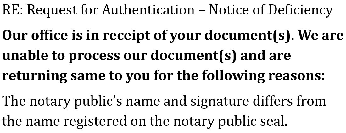 Notary name error rejection letter
