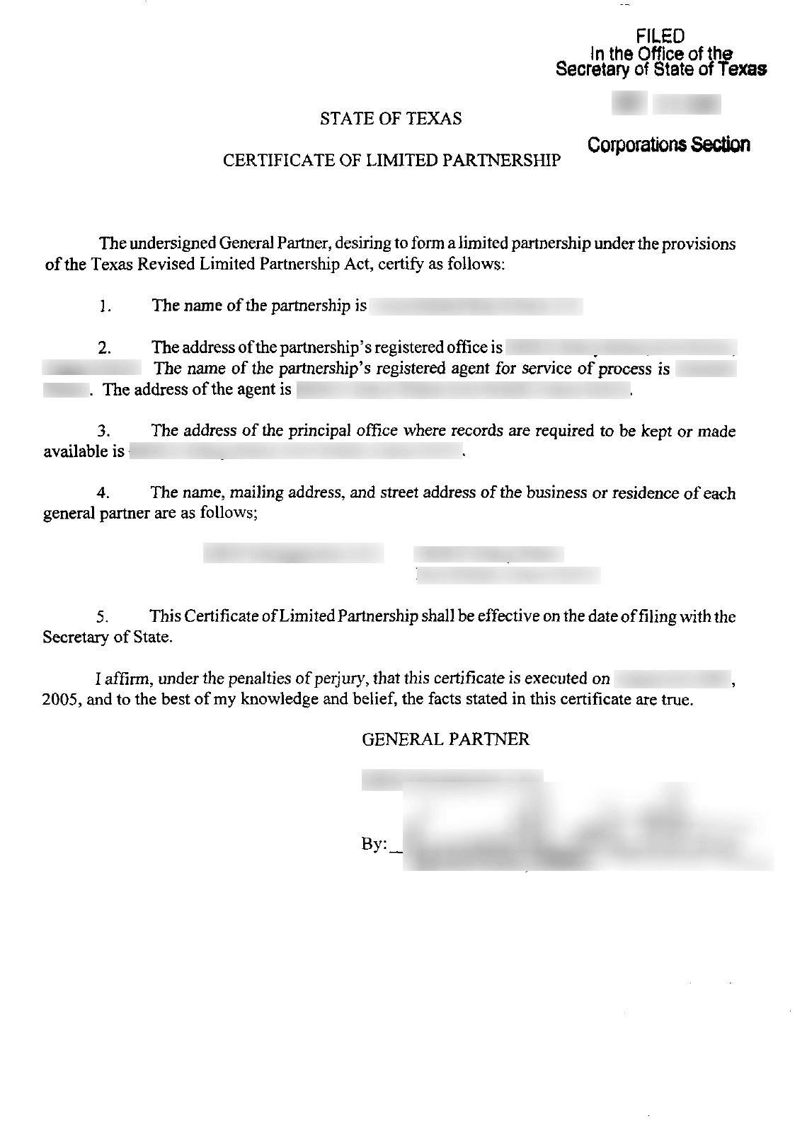 Texas Certificate of Limited Partnership Application Filing Example Texas Certificate of Limited Partnership Application Filing Example